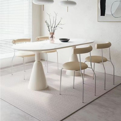 新款法式奶油风岩板餐桌家用网红桌大小户型椭圆形现代简约圣杯桌